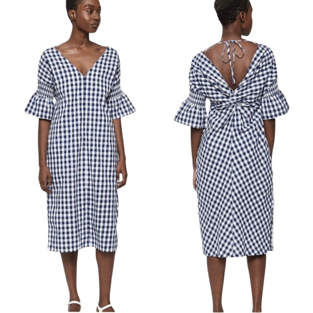 Stelen Harlow Gingham Midi Dress Women's XS Navy White Puff Sleeve Preppy Party